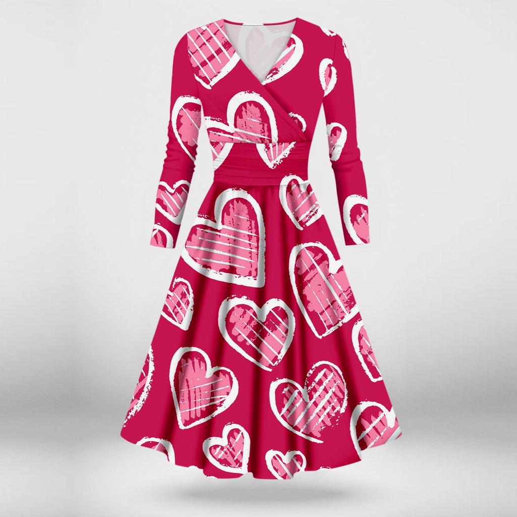 Женская мода повседневное сексуальное платье с длинным рукавом и v-образным вырезом с принтом ко Дню святого Валентина