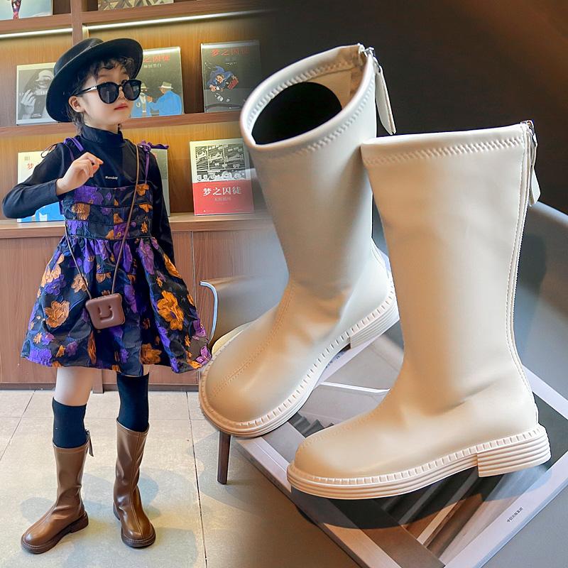 2024 Girls High Boots Kids Fashion Chic Solid Black Uniform Party Shoes Back Zip Winter Warm Breathable Low Heels Children Boots