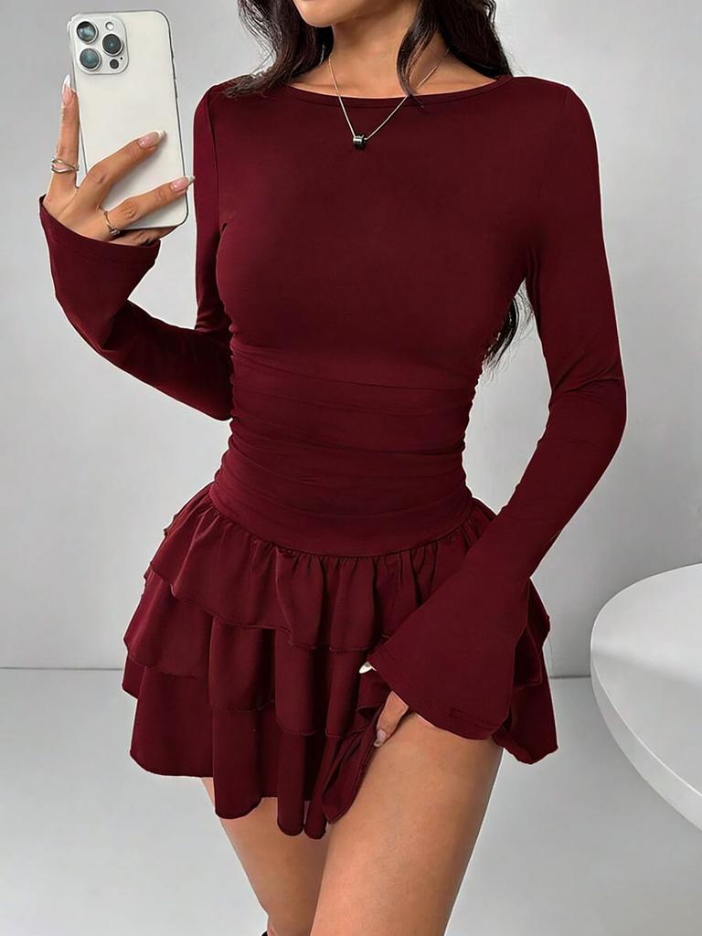 Платья темпераментные женские мини простые элегантные французские bodycon узкие плиссированные модные с длинным рукавом для работы сексуальные