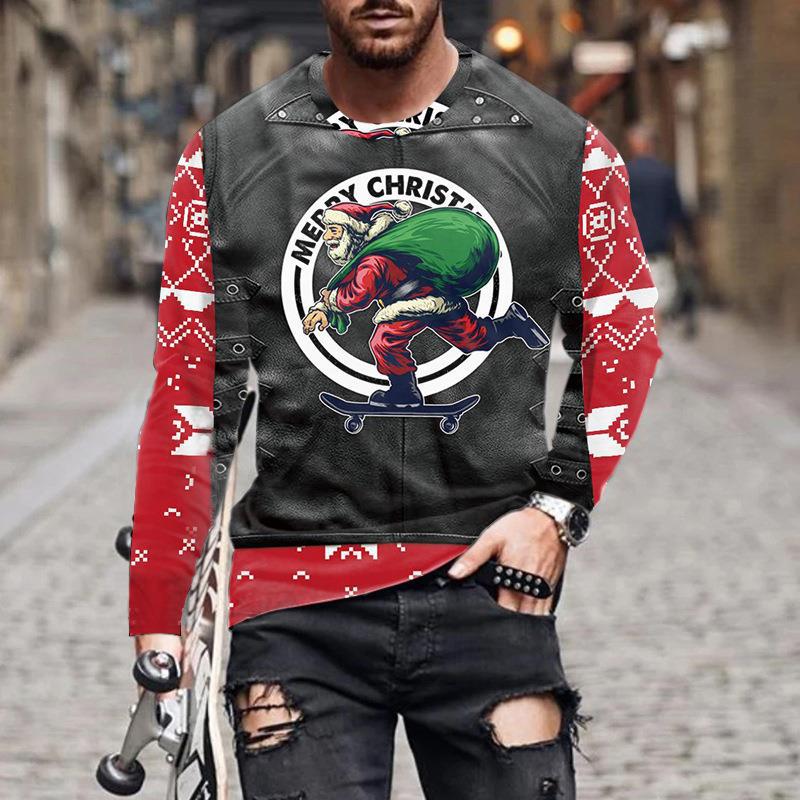 Осенняя футболка, новая мужская футболка с длинным рукавом и цифровым принтом, свободная толстовка с круглым вырезом и рождественским принтом, 3D футболка