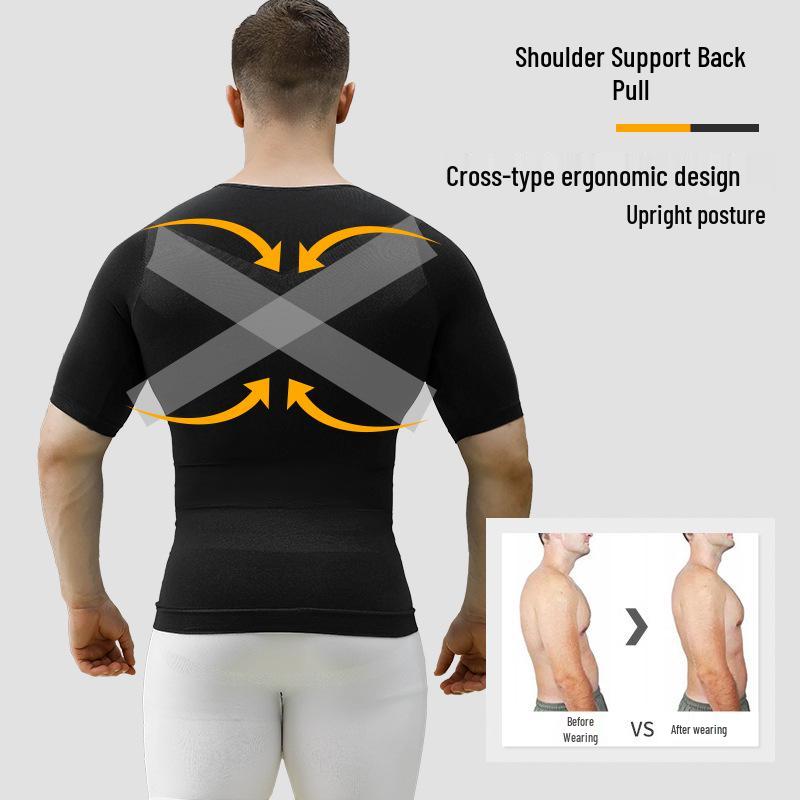 Men's Tummy Control Body Shaper Corset with Bust Support and Short Sleeves - DT02.