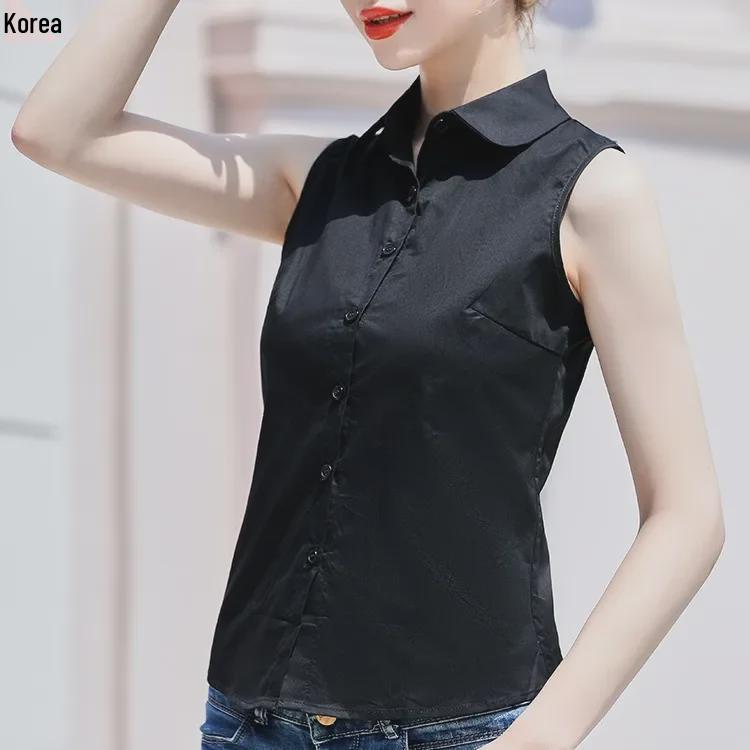 Women's White Sleeveless Slim Fit Korean-Style Blouse - Professional Summer Cotton Top