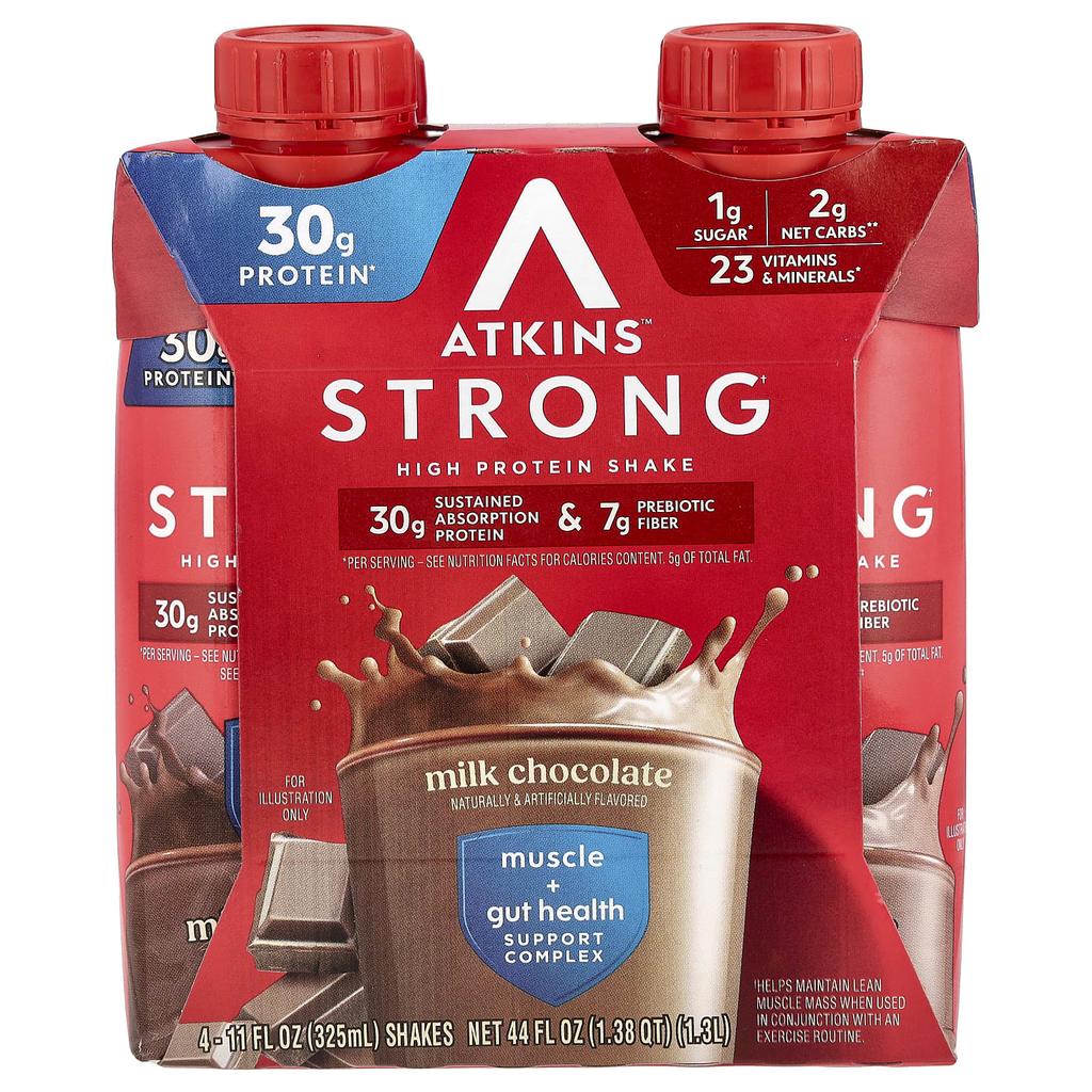 Atkins Strong, High Protein Shake, Milk Chocolate, 4 Shakes, 11 Fl Oz (325 Ml) Each