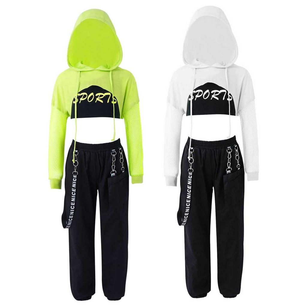 Kids Girls Hip-Hop Street Dance Clothes Outfits Vest Tops Cargo Sweatpants Net Cover Up Modern Teens Girls Streetwear