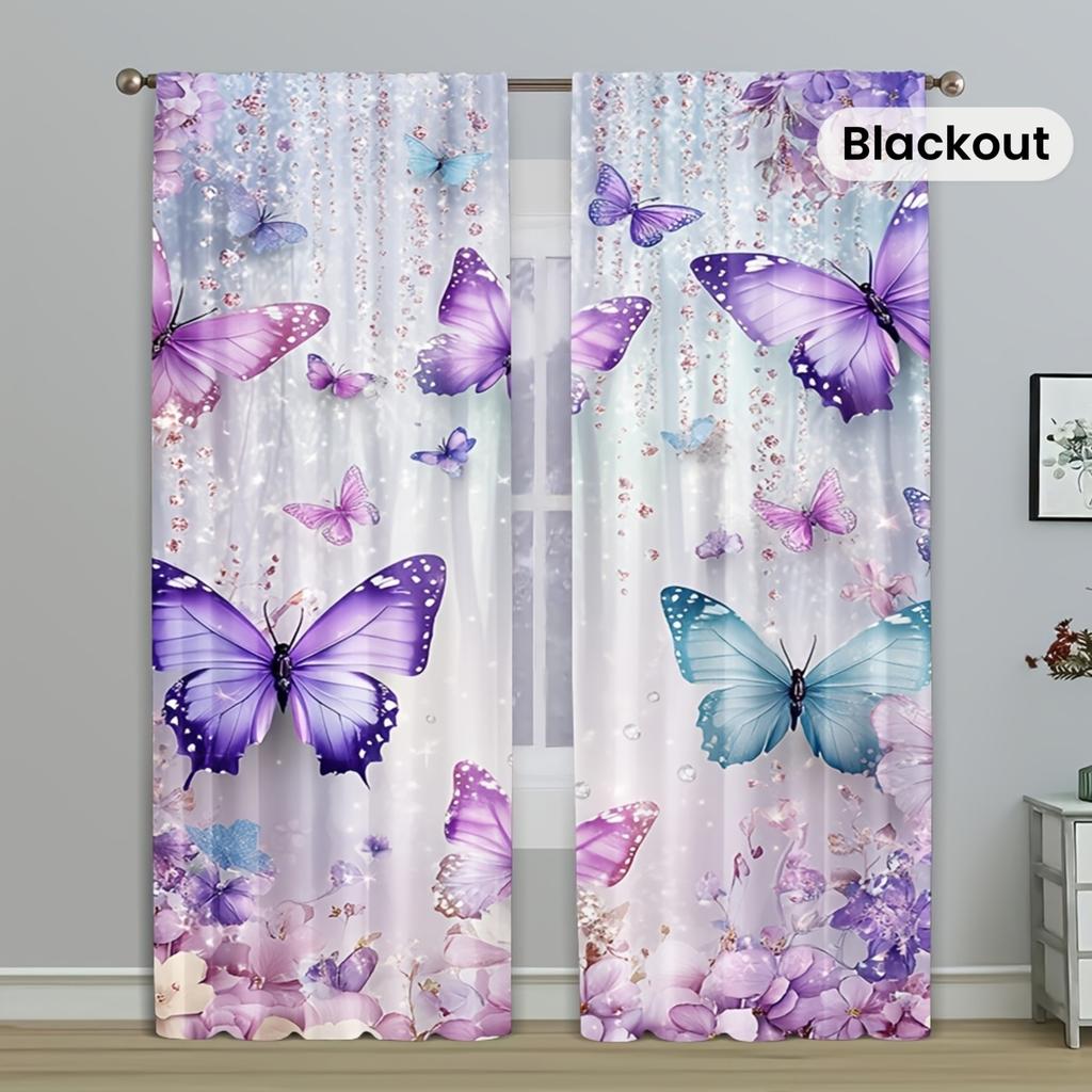 2 Panels Purple Butterfly Curtains Floral Print Blackout Drapes for Living Room Bedroom Window Treatment Home Decor