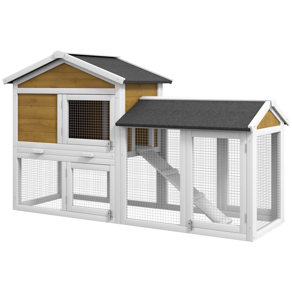 Wooden Rabbit Hutch Outdoor Double Tier With Water Resistant Roof Ramp 147 X 54 X 84 Cm Yellow