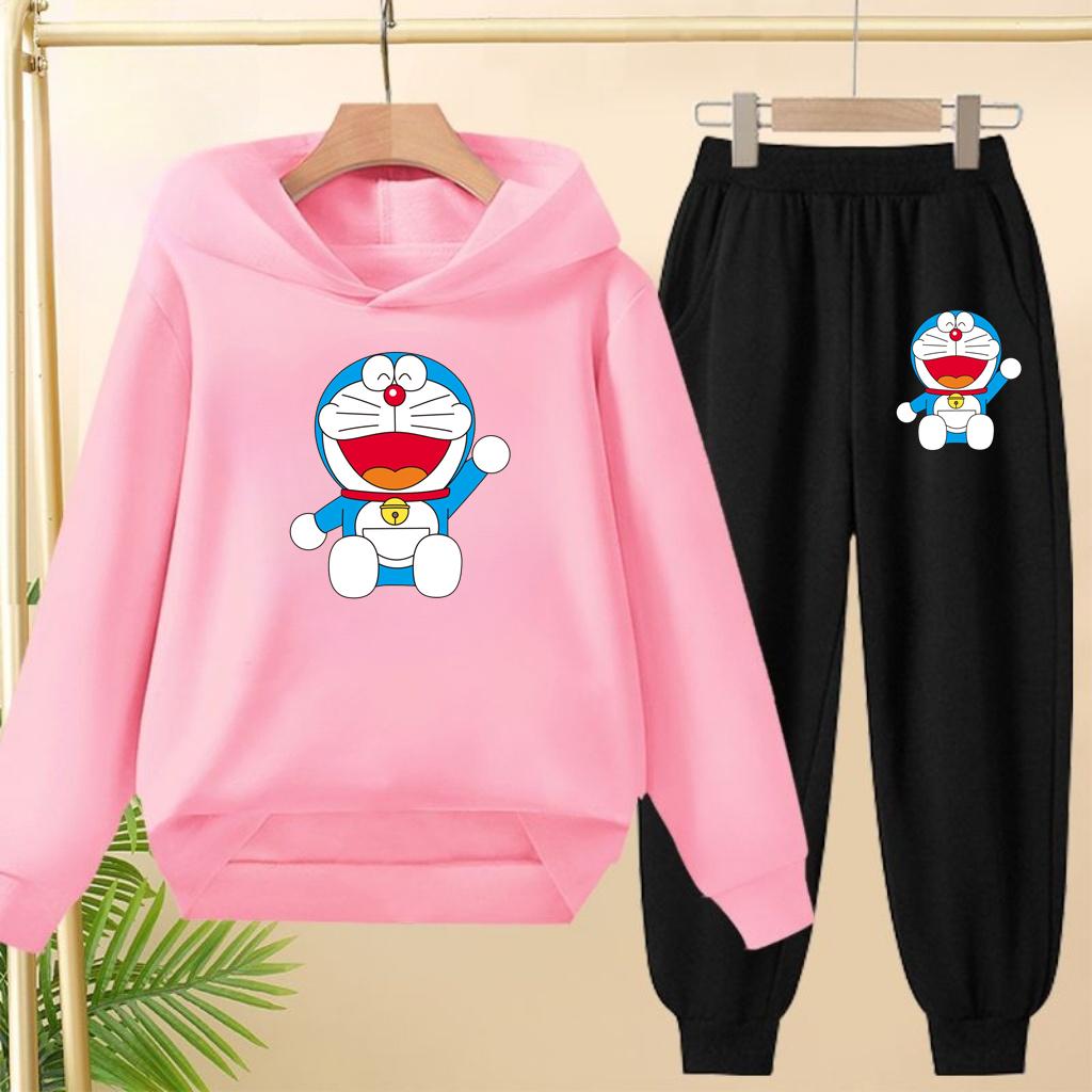 Doraemon Winter Warm Children's Hoodie Set, Casual Sporty Hooded Long Shirt and Long Pants Suitable for Boys Girls Aged 3 to 12