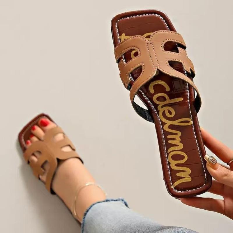 Large size cool slippers women's summer new flat-bottomed non-slip hollowed-out beach shoes one-word casual cool slippers women