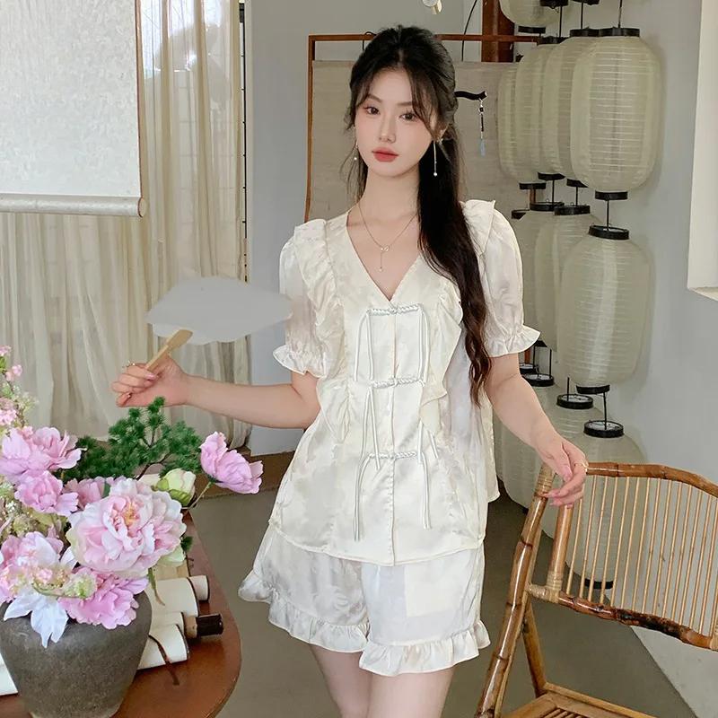 Pajamas Women's Summer New Ice Silk Short-sleeved Shorts Two-piece Suit New Chinese Antique Home Clothes