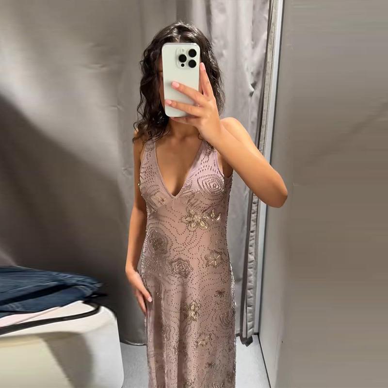 Сетчатое платье-слинг для женщин с V-образным вырезом, ромбами и оборками, длинные платья для женщин, без спинки, без рукавов, весна-лето, повседневное женское праздничное платье