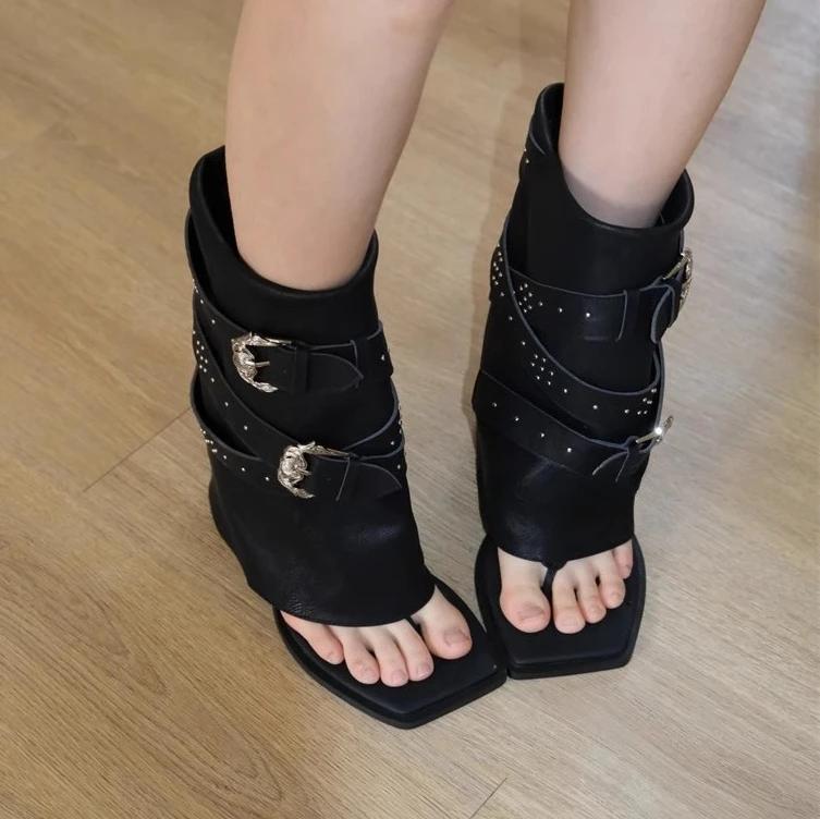 Clip Toe New Women Fashion Boots Belt Buckle Chunky Heel Retro Boots Lightweight Comfortable Fashion Short Boots Commuter Shoes