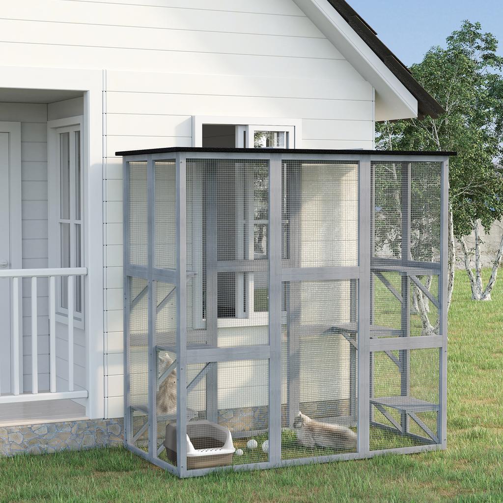 Wooden Catio Cat Outdoor Enclosure, Cat Cage with Waterproof Roof, Platforms, for Multiple Kittens, 180 x 98 x 180 cm