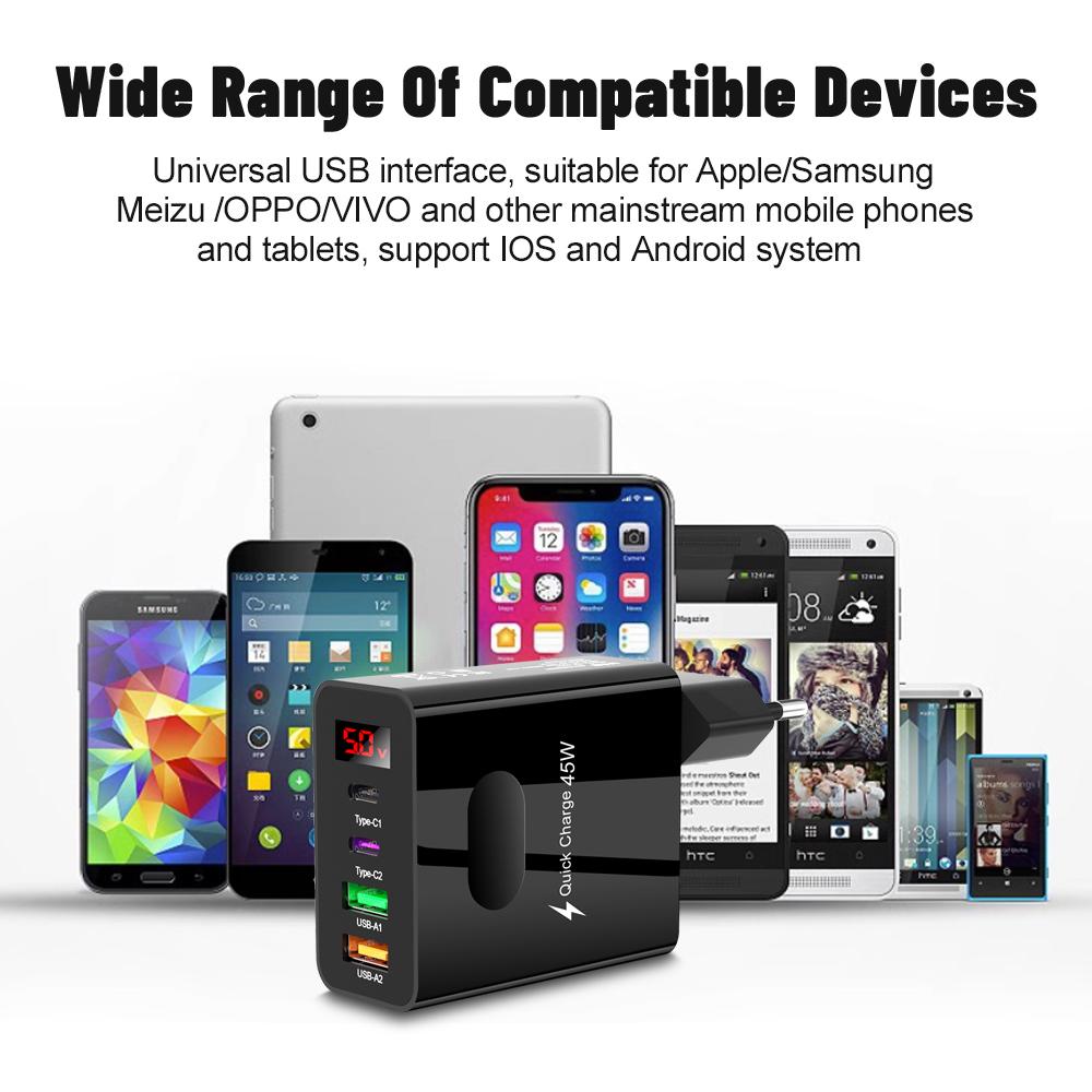 45 Вт USB C зарядное устройство 4 порта быстрая зарядка цифровой дисплей мобильный телефон адаптер для iPhone 16 15 Xiaomi Huawei QC 3.0 настенное зарядное устройство PD