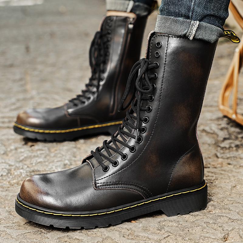 Fashion High Top Side Zipper High Ankle Boots Men Casual Footwear 14 Holes Punk Leather Fur Warm Stylish Men Motorcycle Boot Big Size 48