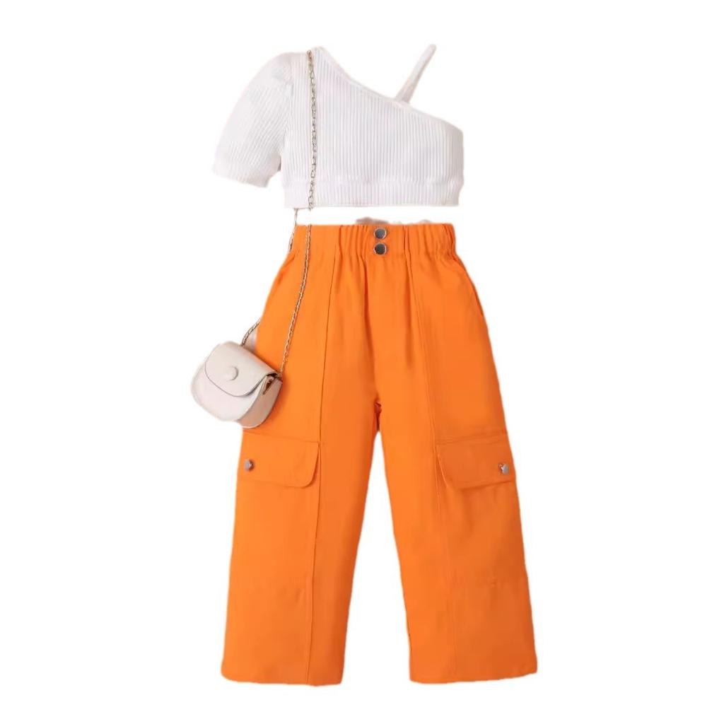 Комплект одежды для девочек: Летний детский однотонный пуловер с короткими рукавами и открытыми плечами, комплект из двух предметов с цветными джинсовыми брюками