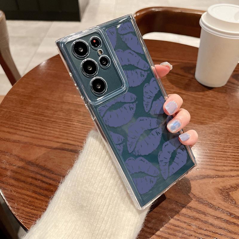 Противоударный силиконовый чехол для телефона Samsung S24 S23 Ultra S22 S21 Plus S20 FE A55 A54 A53 A52 A35 A34 A14, мягкий прозрачный чехол с цветным рисунком губ