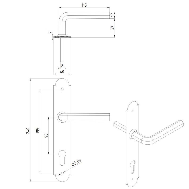 ALBA handle with plate for 90mm insert, STEEL