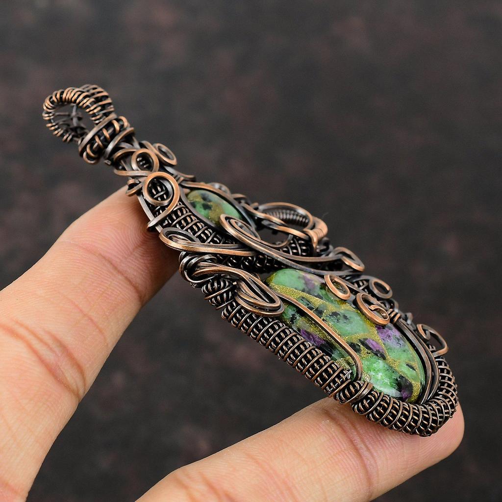 Медный рубин, кулон с цоизитом, медная проволока, кулон, ювелирные изделия ручной работы, кулон с драгоценным камнем, рубин, цоизит, медные украшения, подарок для особого случая