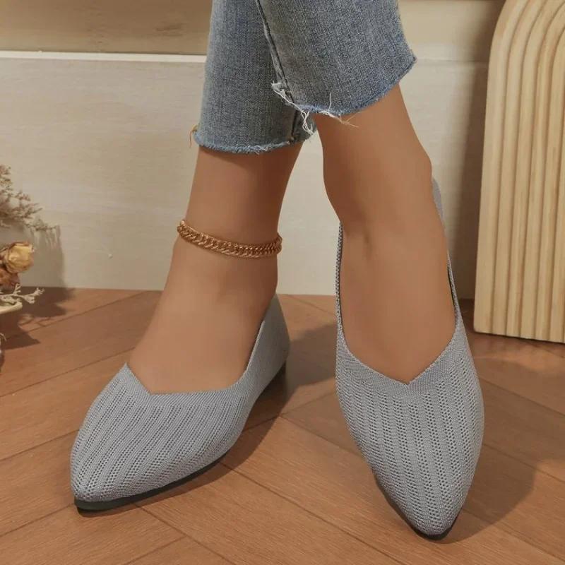 Женские туфли на плоской подошве с круглым носком. Удобные вязаные балетки на плоской подошве. Повседневная обувь без шнуровки на мелкой подошве. Офисные топсайдеры. Мокасины больших размеров.