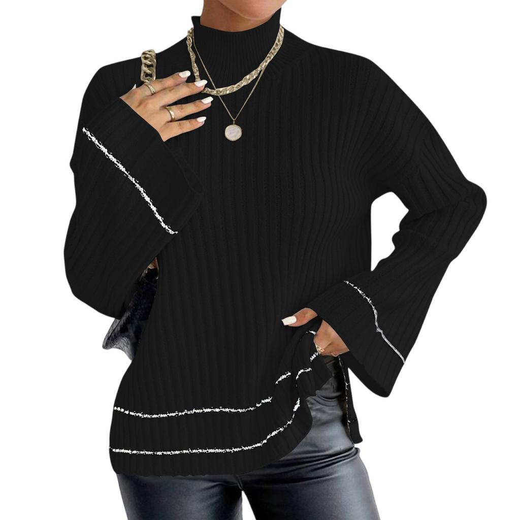 Женский повседневный модный топ с цветными блоками, вязаный, с начесом, с высоким воротником и длинными рукавами