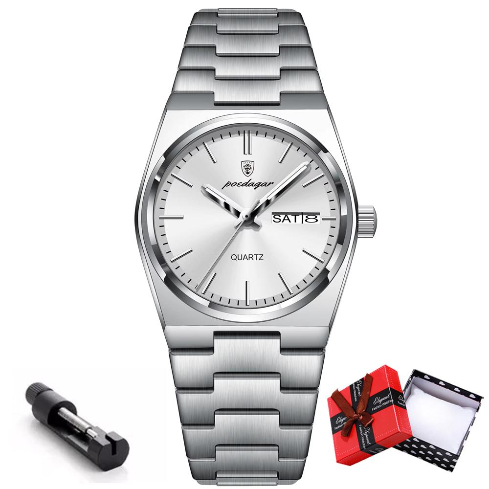 POEDAGAR Роскошные часы для женщин, элегантные кварцевые часы, водонепроницаемые, светящиеся, с датой и неделей, женские часы из нержавеющей стали
