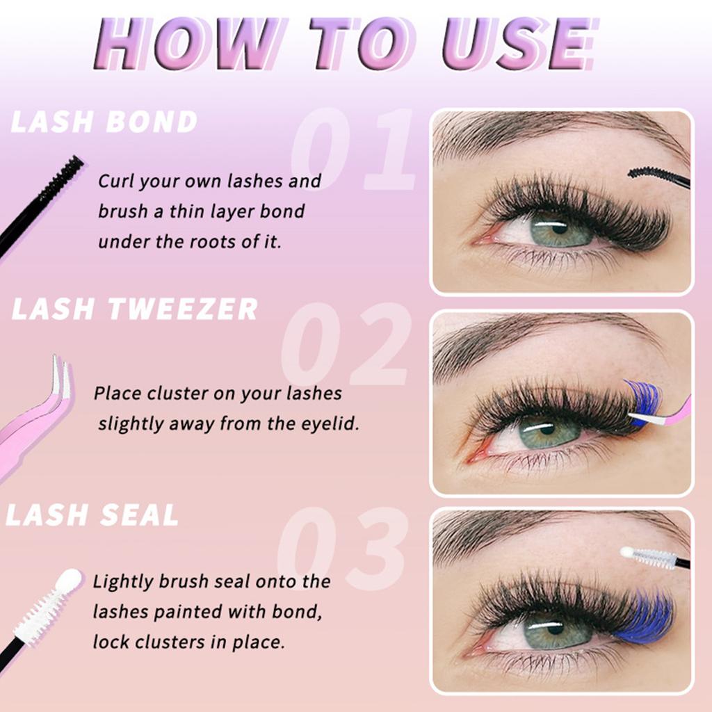 Набор цветных кластеров ресниц. Набор отдельных накладных ресниц. Сегментированные накладные ресницы с клеем для ресниц.