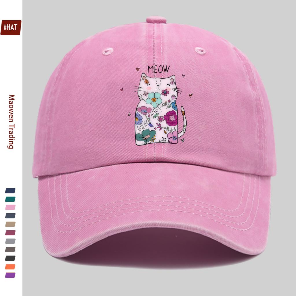 pc Elegant Floral Pattern Cat Print Baseball Cap Fashionable Comfortable Breathable Casual Sun Hat Comfortable Lightweight Tr