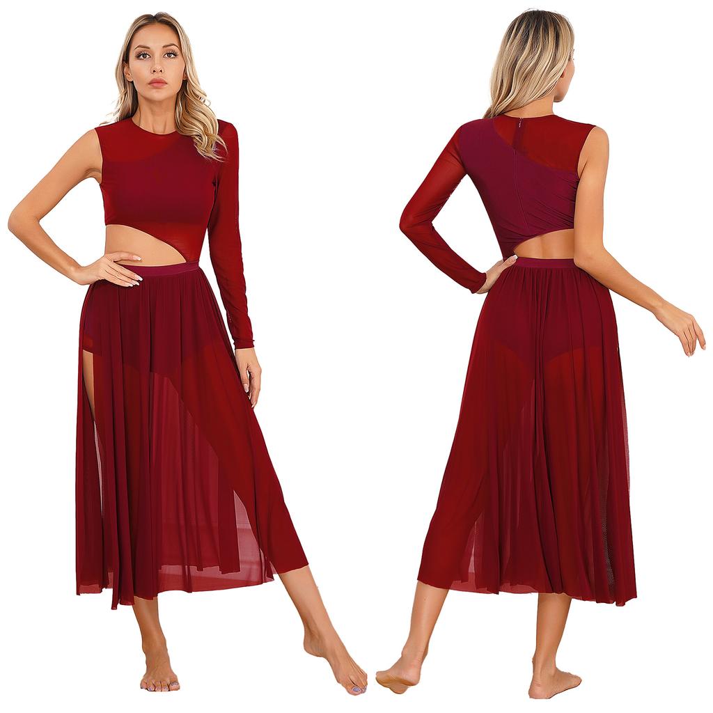 Элегантное струящееся длинное макси-лирическое платье для современного танца, сетчатое платье-майка с длинными рукавами, костюм для современного танца