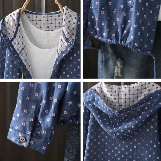 Women Spring Autumn Coat Hooded Drawstring Hem Long Sleeve Printing Loose Zipper Closure Jacket with Pockets Daily Wear Commuting Outerwear