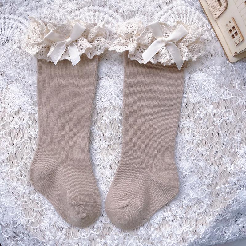 Baby Girls Cotton Knee High Socks With Lace Ruffle Autumn Winter Princess Long Socks For Toddlers Kids Age 0-5 Years