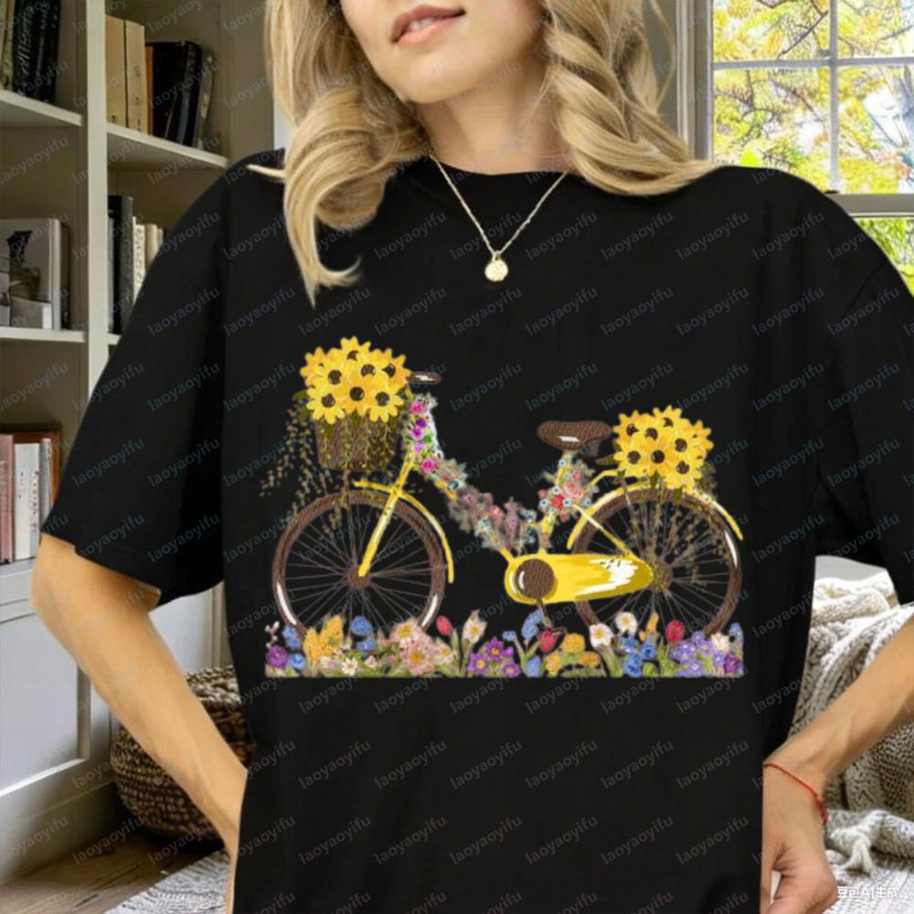 Floral Bicycle TShirt Sunflower Wildflower Graphic Tee Cute Garden Nature Shirt for Unisex Summer Botanical Gift Tops Y2k Top