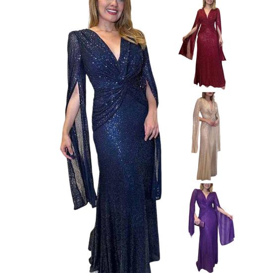 Women's Sequin Prom Dress Long Cape Sleeve Front Twist Knot Maxi Dress Sparkly V Neck Formal Evening Party Wedding Gown