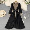 Sweet Style Women's Long-sleeve Embroidery Patchwork Single-breasted High Waist A-line Dress 2023 Autumn New Dresses SN3859