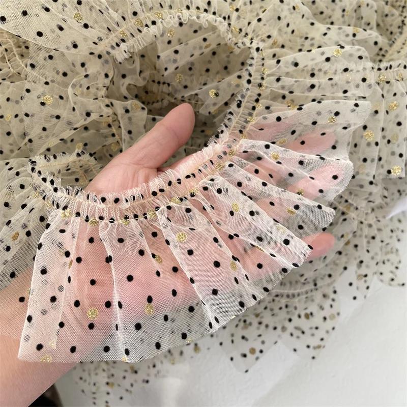 3 метра/партия, 8 см в ширину, бежевая сетчатая ткань в черный горошек/бронзовые золотые горошек, складки, кружевная отделка, аксессуары для платьев для домашних животных/кукол