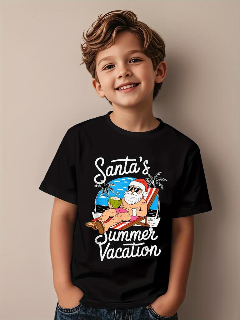 Забавная Рождественская футболка с принтом Санты для детей, детская футболка, футболка с круглым вырезом, для серфинга, пляжная, для мальчика, для девочки, летняя, с коротким рукавом