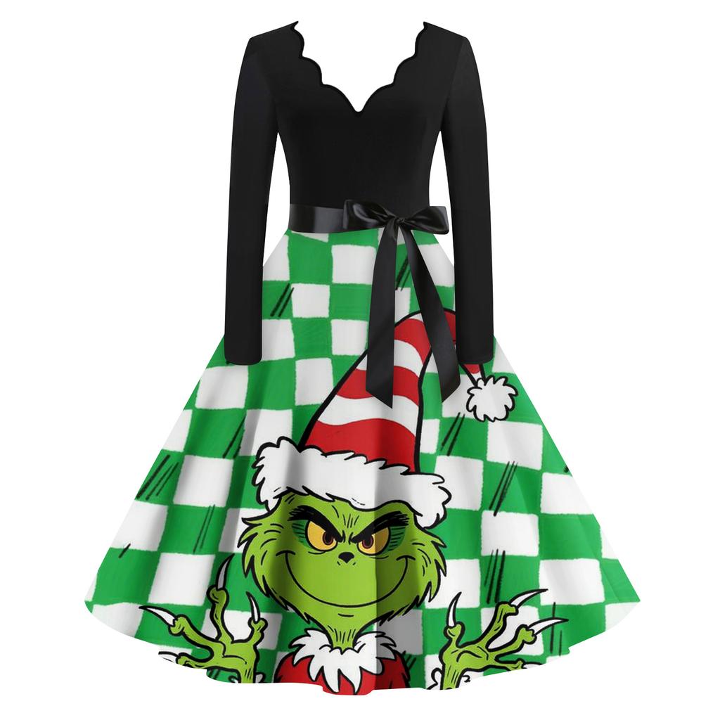 Женское модное ретро платье с длинным рукавом, квадратным вырезом, рождественским принтом, вечернее платье