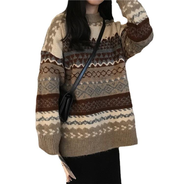 Vintage Sweaters Women Pullover Winter Striped Jumpers Loose Pullover Knitwear Casual Loose Sweater Pull Femme