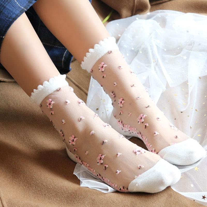 Women's Elastic Cotton Socks Transparent Floral Summer Thin Sheer Non-slip