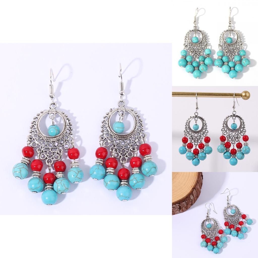 Ethnic Simulation Turquoise Beaded Earrings With Silver Filigree For Casual Wear