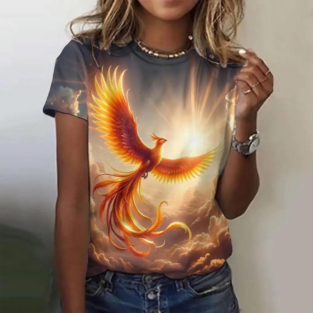 Летняя женская футболка с модным узором «Феникс», топ с короткими рукавами, свободный топ с круглым вырезом, женская футболка для вечеринок