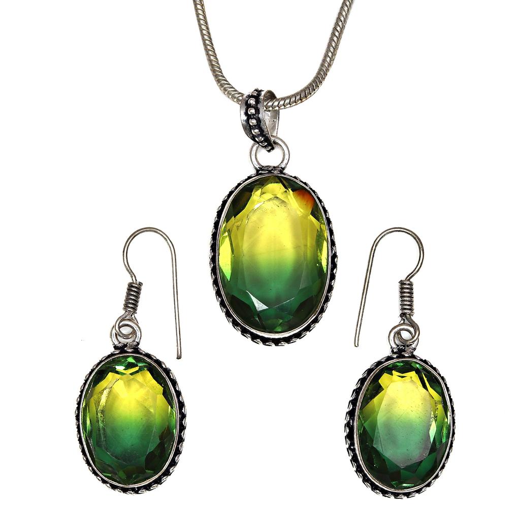 Green Tourmalinne Gemstone Mother's Day Jewelry Pendant Earring Set