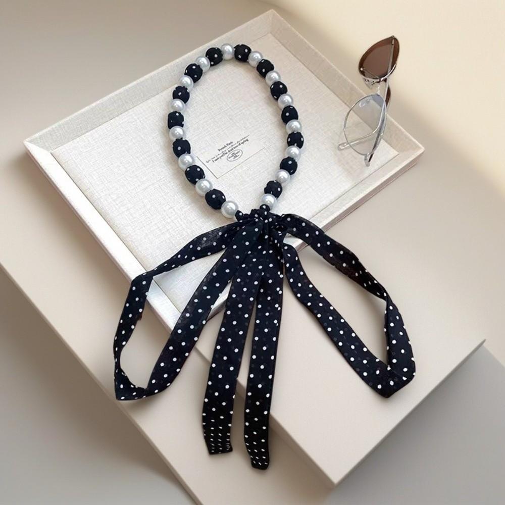 Ribbon Pearl Necklace Scarf Adjustable Polka Dots Scarf All-match Waist Chain Summer Season