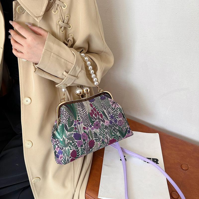 Elegant Women Green Pink Shoulder Bags Canvas Shell Clips Fashion Lady Pearls Handbag Daily Retro All-match Chain Crossbody Bags