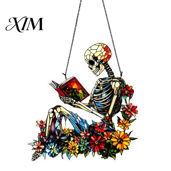 Gothic Aesthetic Room Decor Stained Glass Skull Suncatcher, Acrylic Colorful Window Hanging Wall Art Seasonal Halloween Party Supplies with Butterfly