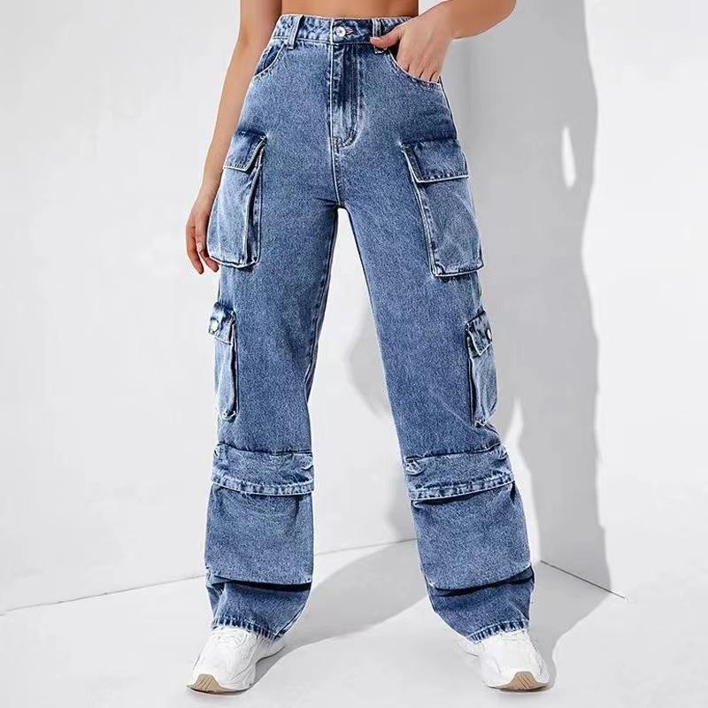Women's Multi-pocket Washed Loose Jeans Y2K Hip-hop Harajuku Casual High Waist Wide Pants