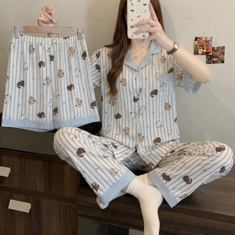 Little fresh fairy style summer new short-sleeved pajamas women's lazy sense loungewear cloud cotton three-piece set