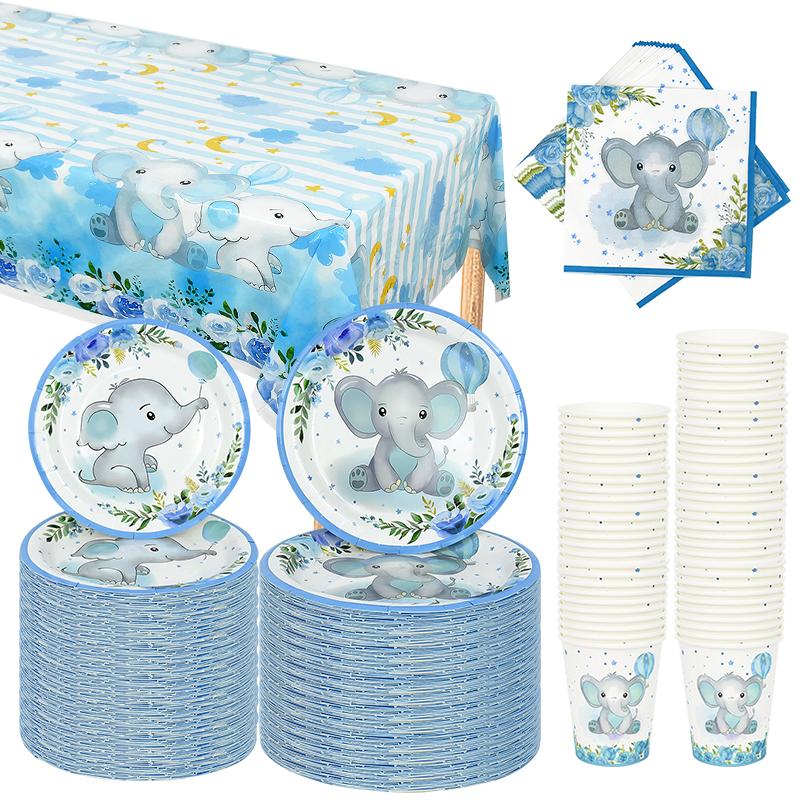 Синий Набор одноразовой посуды «Маленький слоненок» Бумажная тарелка Чашка Салфетка Детская вечеринка на 1-й день рождения Украшение Вечеринка для будущего ребенка
