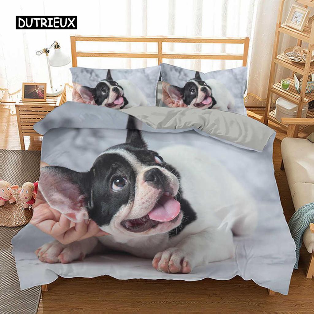 Комплект постельного белья с изображением французского бульдога размера King Size, милый комплект постельного белья с изображением щенка и животных для детей-подростков из полиэстера, 2/3 шт., мягкое одеяло