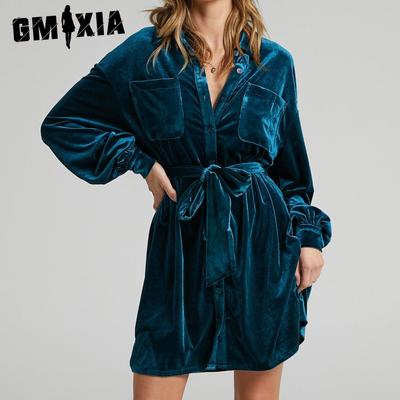 Платье-рубашка с длинным рукавом и воротником-поло, однотонное, женское, канареечное, осень-зима
