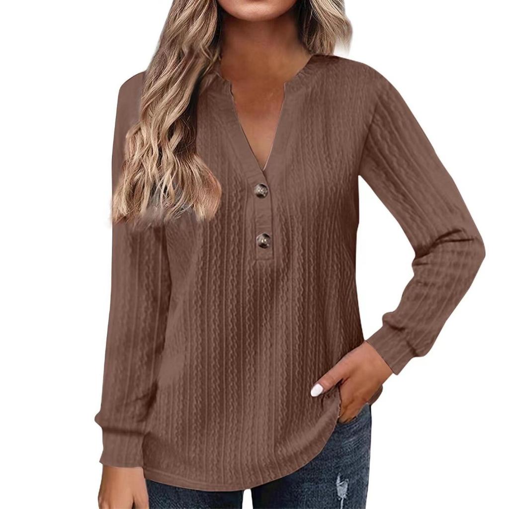 Autumn and Winter Women's Long Sleeved Solid Color V-neck Button T-shirt Top
